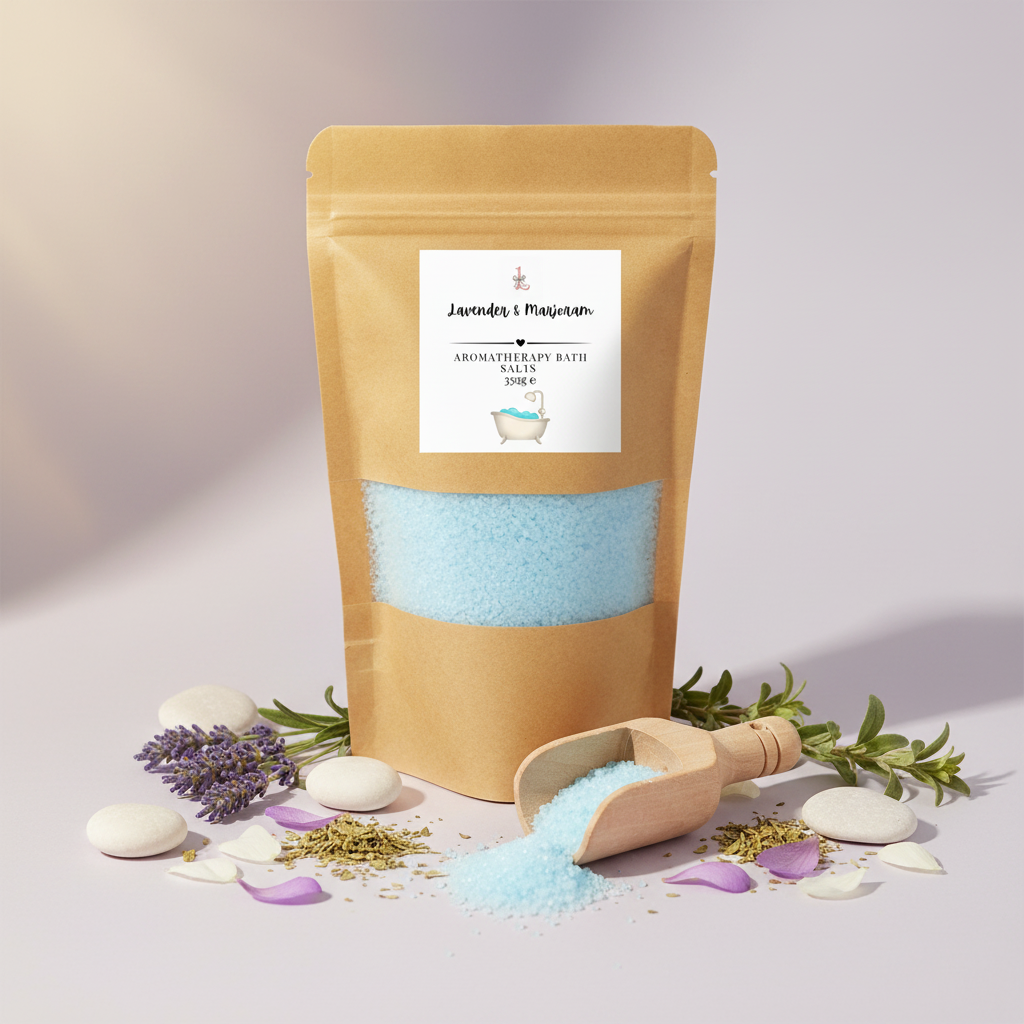 Kraft paper packaging of aromatherapy bath salts with a wooden scoop on a white background