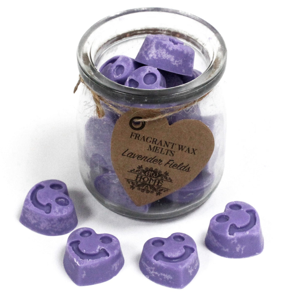 Jar of purple wax melts with a 'Fragrant Wax Melts' label on a white background