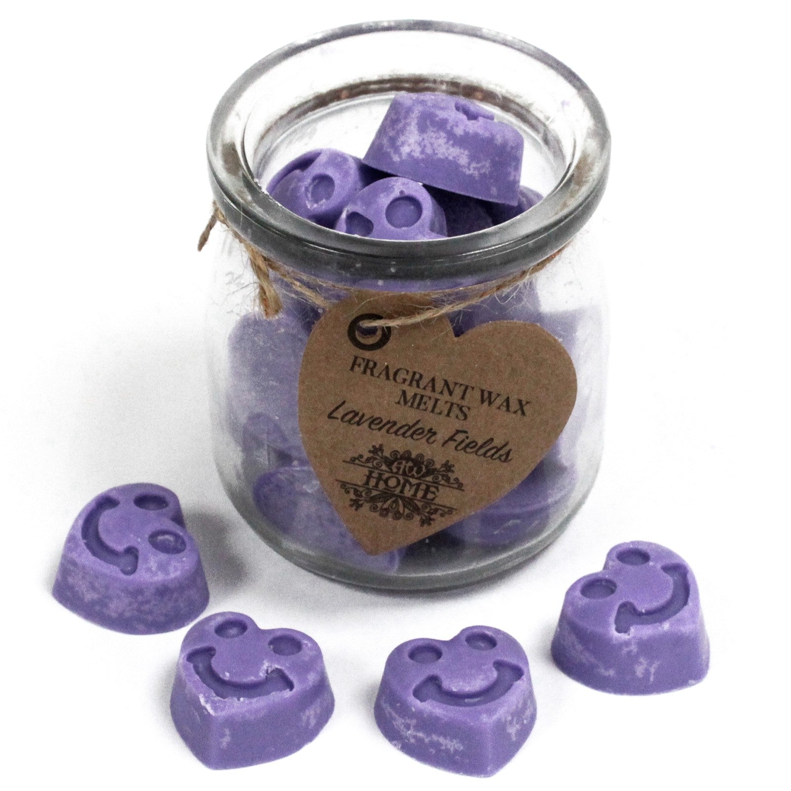 Jar of purple wax melts with a 'Fragrant Wax Melts' label on a white background