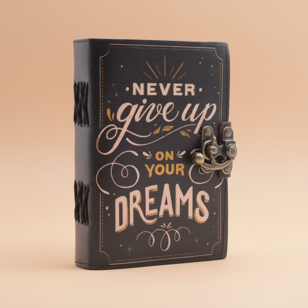 Decorative notebook with 'Never give up on your dreams' text on a brown background