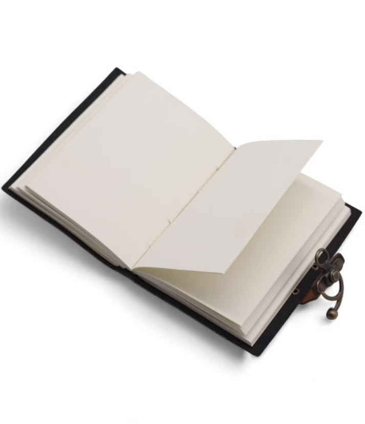 Open notebook with black leather cover and brass clasp on a white background