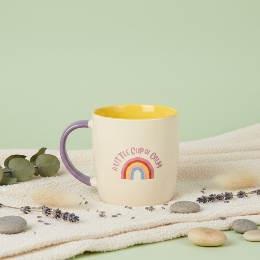 a little cup of calm mug with rainbow design on a sage green background with ivory blanket and stones
