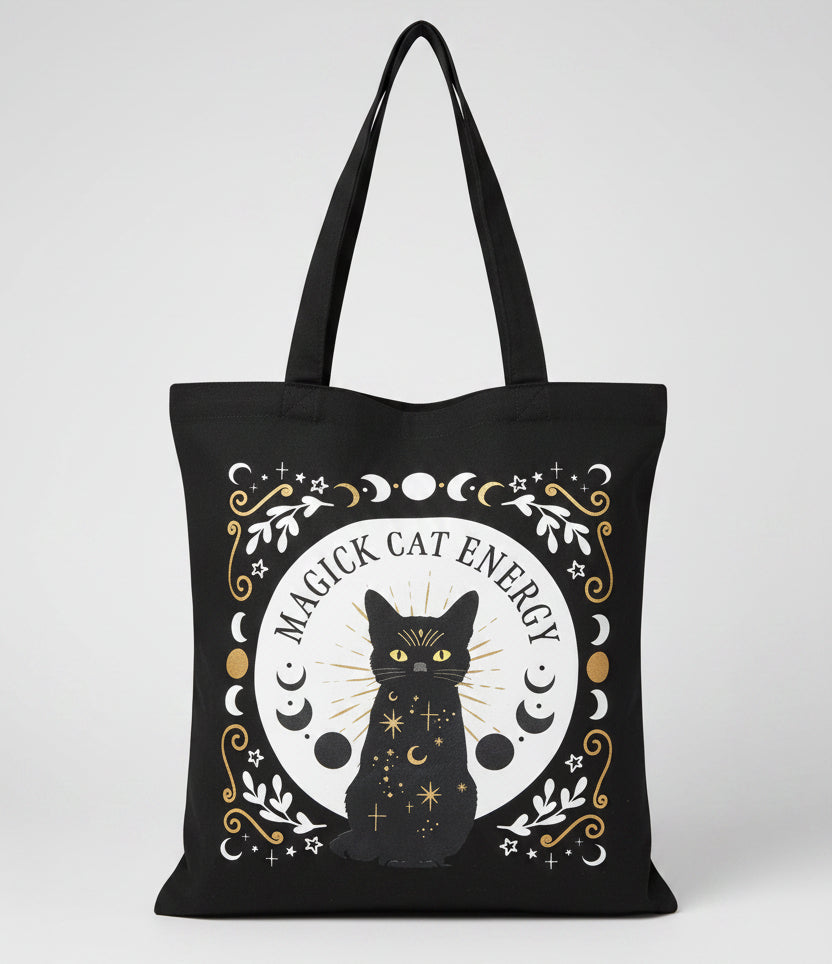 Black tote bag with a cat illustration and 'Magick Cat Energy' text on a grey background