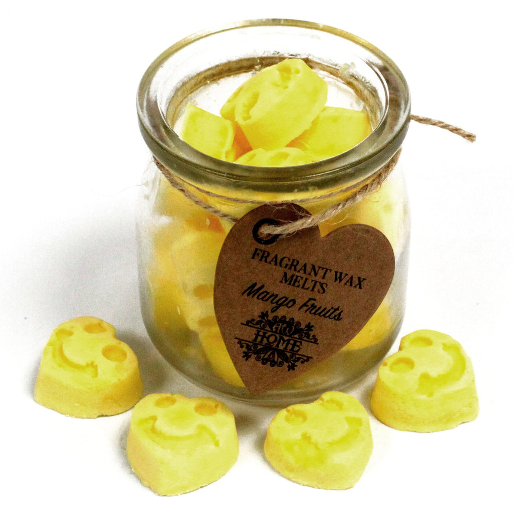 Jar of fragrant wax melts labeled 'Mango Fruits' with a heart-shaped tag on a white background.