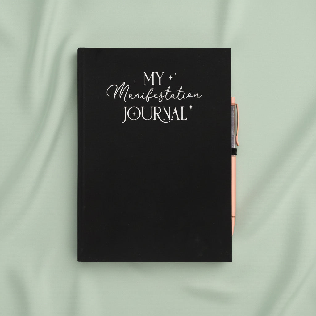 A black hardcover journal with 'MY Manifestation JOURNAL' printed in white script on the front cover, shown closed with a rose gold pen tucked into the side pocket, against a plain sage green background.