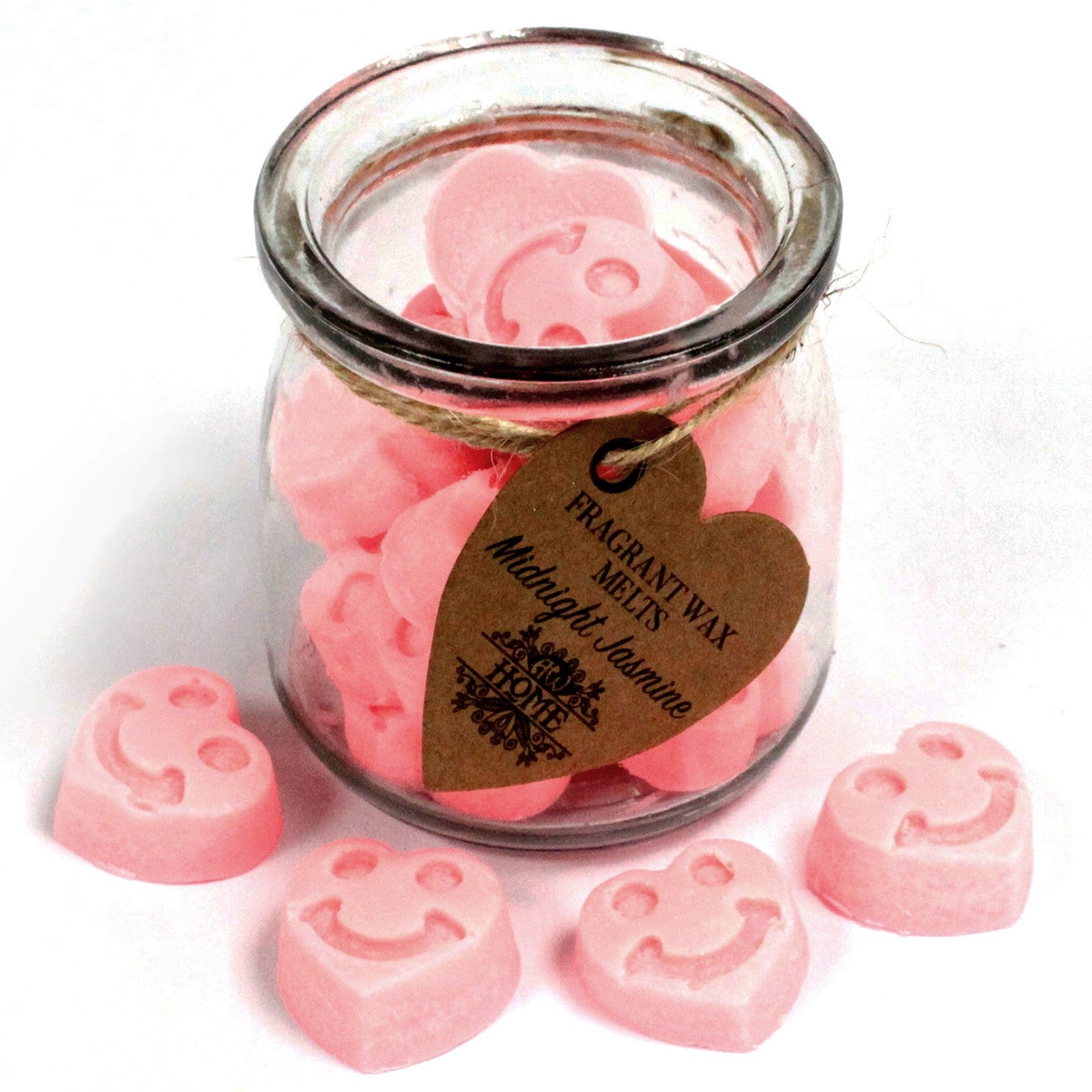 Jar of pink wax melts with a visible brand tag on a white background