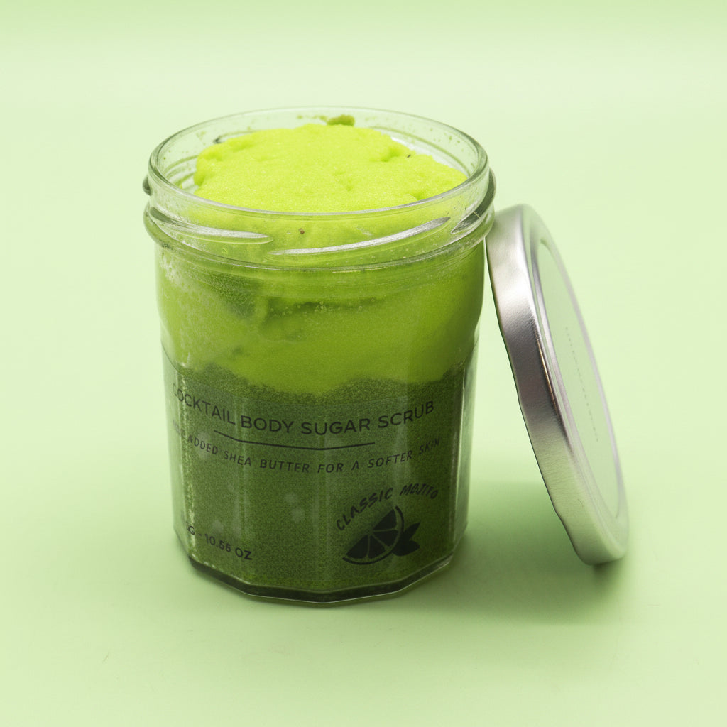 classic mojito green body scrub in glass jar with silver lid