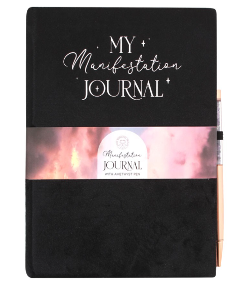 Black journal titled 'My Manifestation Journal' with a pink and white design on the cover.