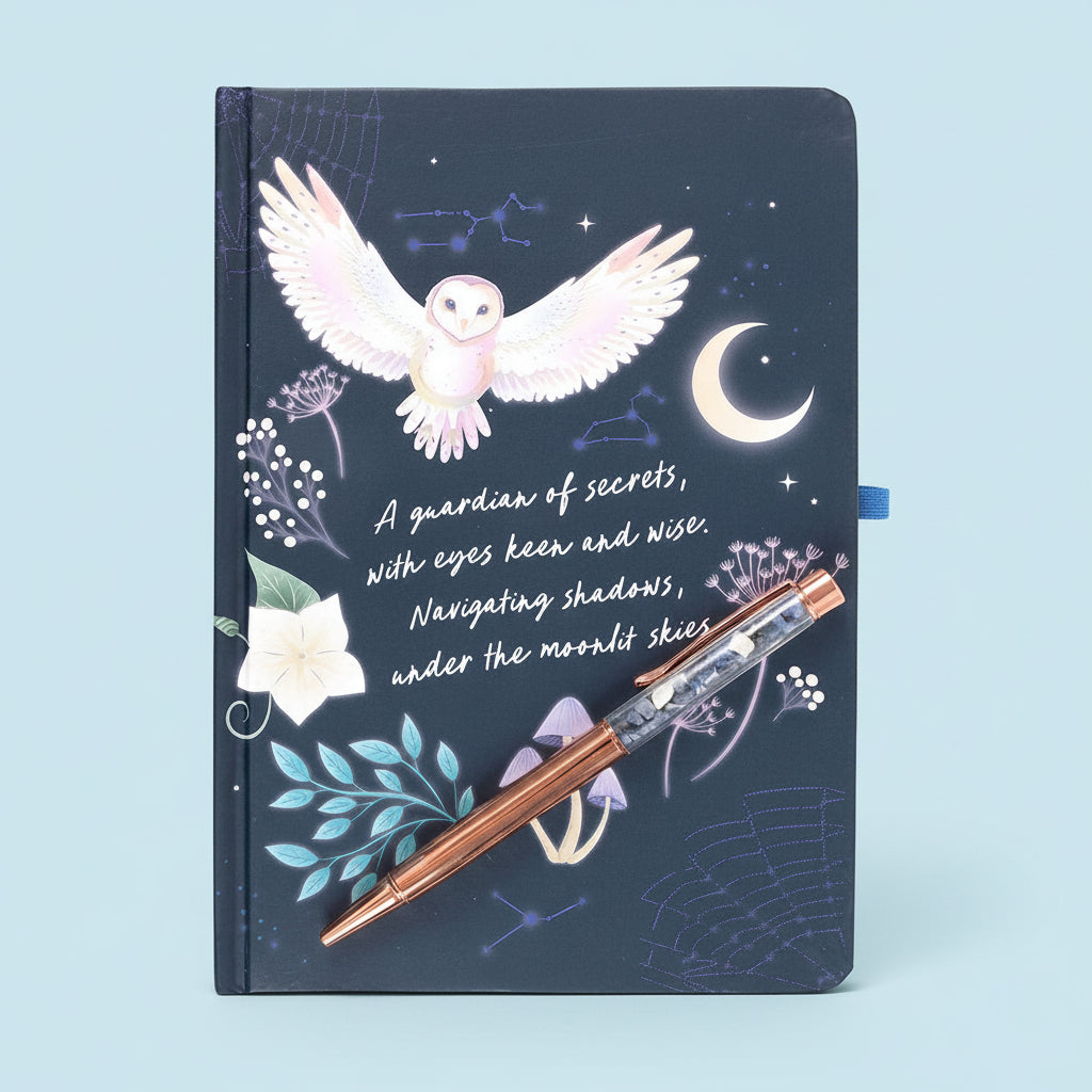 Notebook with owl illustration and pen on a light background