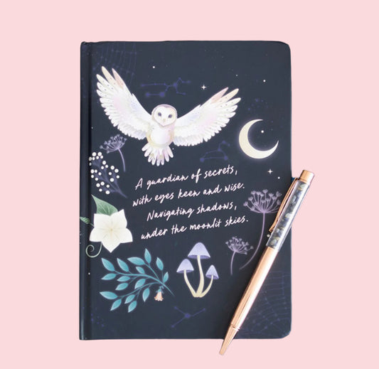 Notebook with owl design and sodalite crystal pen