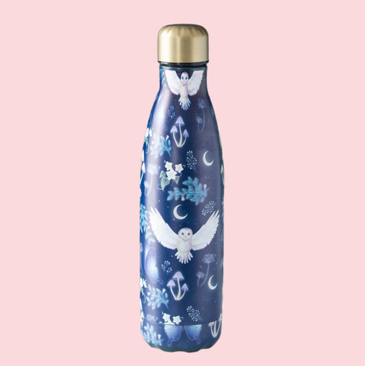 Blue water bottle with owl and moon design