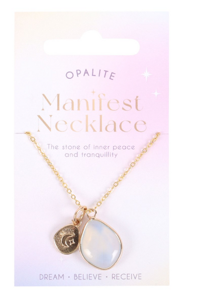 Opalite necklace on a pink and white gradient card with text about the stone's properties.