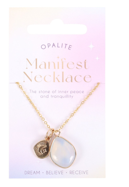 Opalite necklace on a pink and white gradient card with text about the stone's properties.