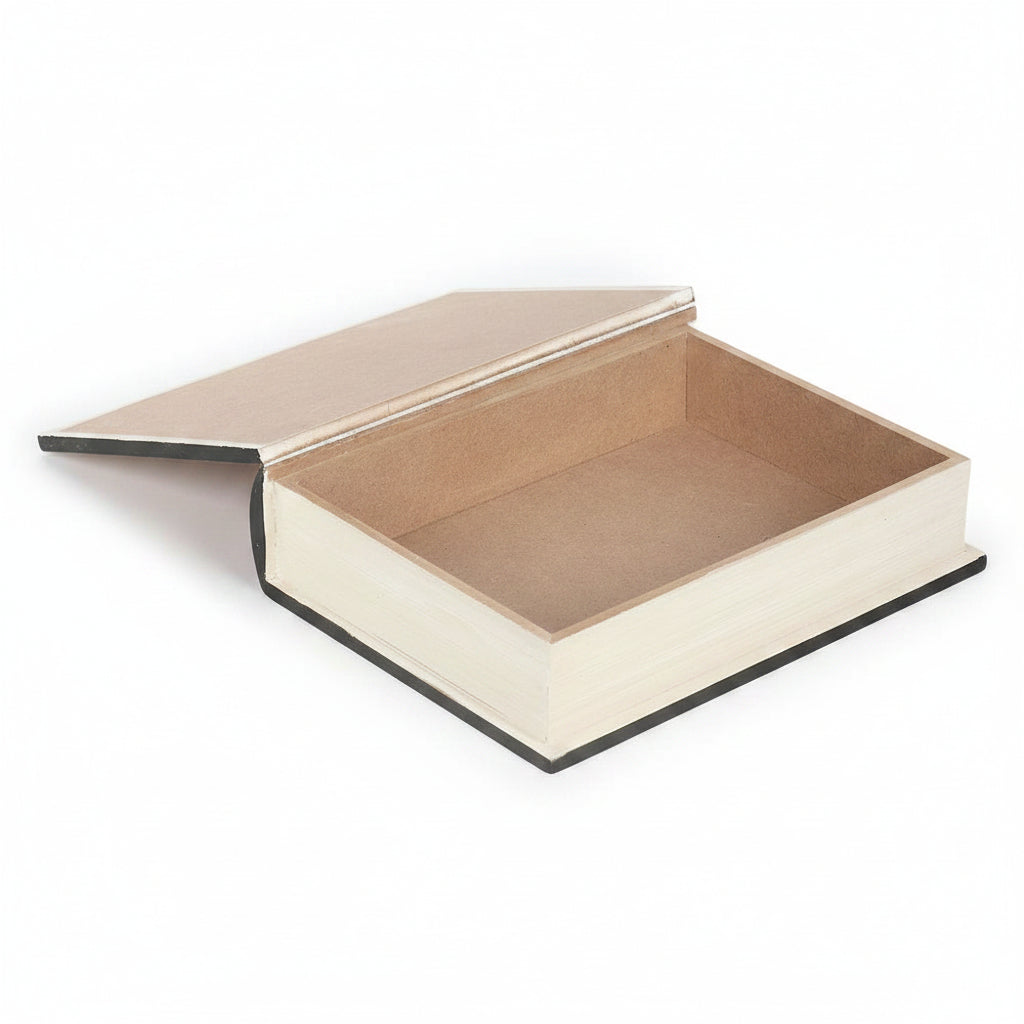 Open wooden box on a grey background