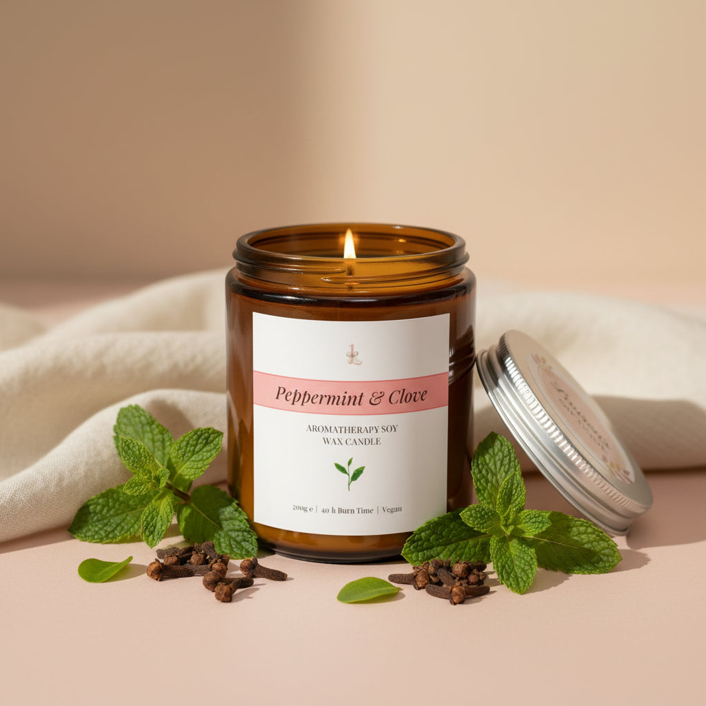 Jar of peppermint and clove candle on a light background
