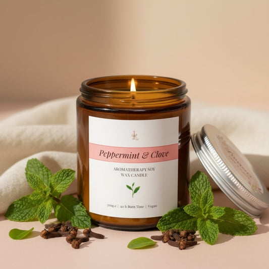 Jar of peppermint and clove candle on a light background