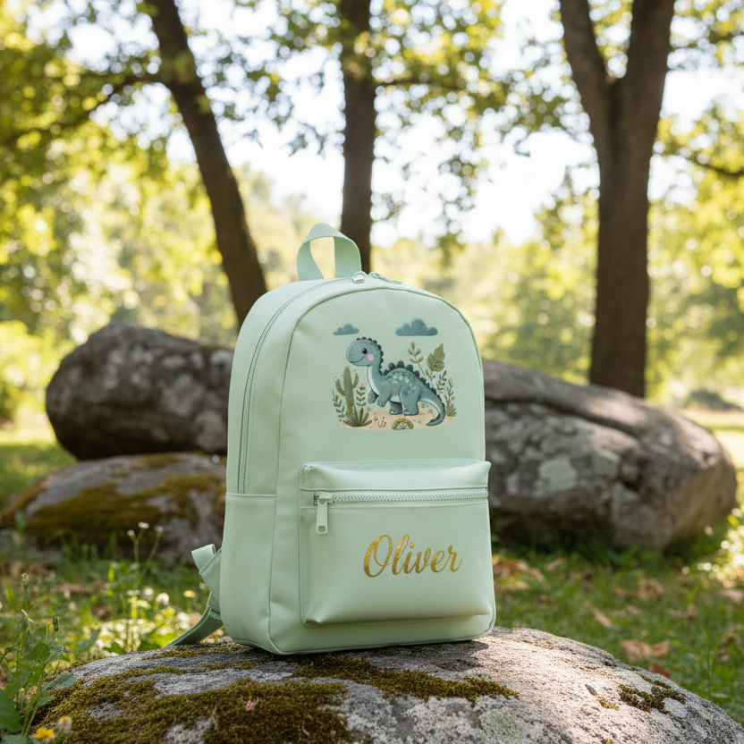 Personalised Dinosaur sage Green Backpack