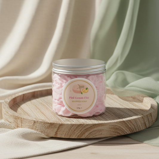 Pink lemon fizz whipped soap in a container with a silver lid on a pink background
