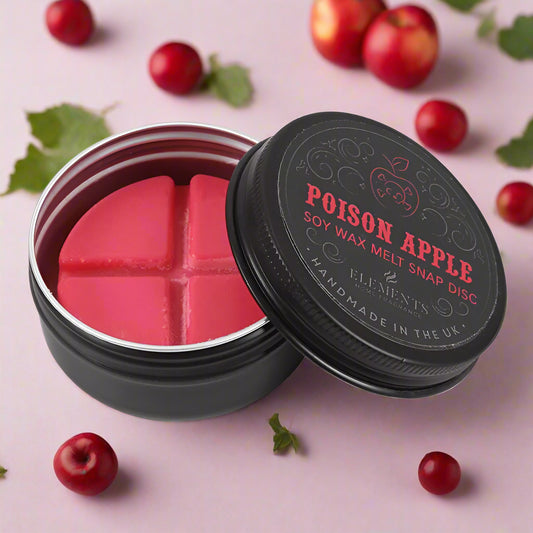 Black tin with red wax melts labeled 'Poison Apple' on a white background