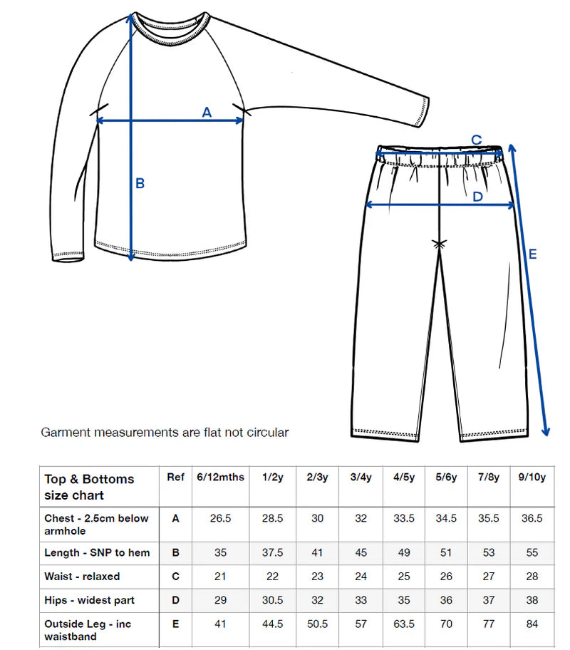 Measurement chart for top and bottom set with labeled dimensions on a white background