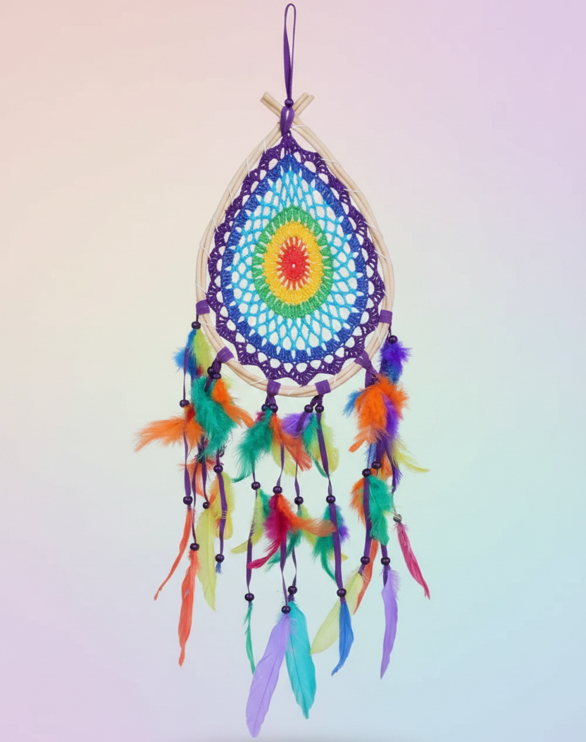 rainbow teardrop shaped dreamcatcher on a multi coloured backgrround