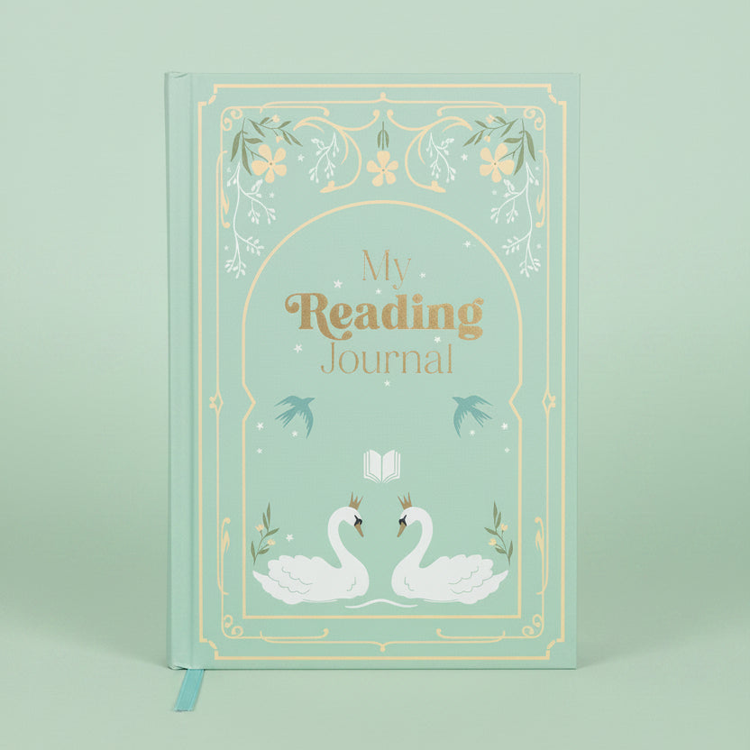 Journal with swan design and 'My Reading Journal' text on a light blue background