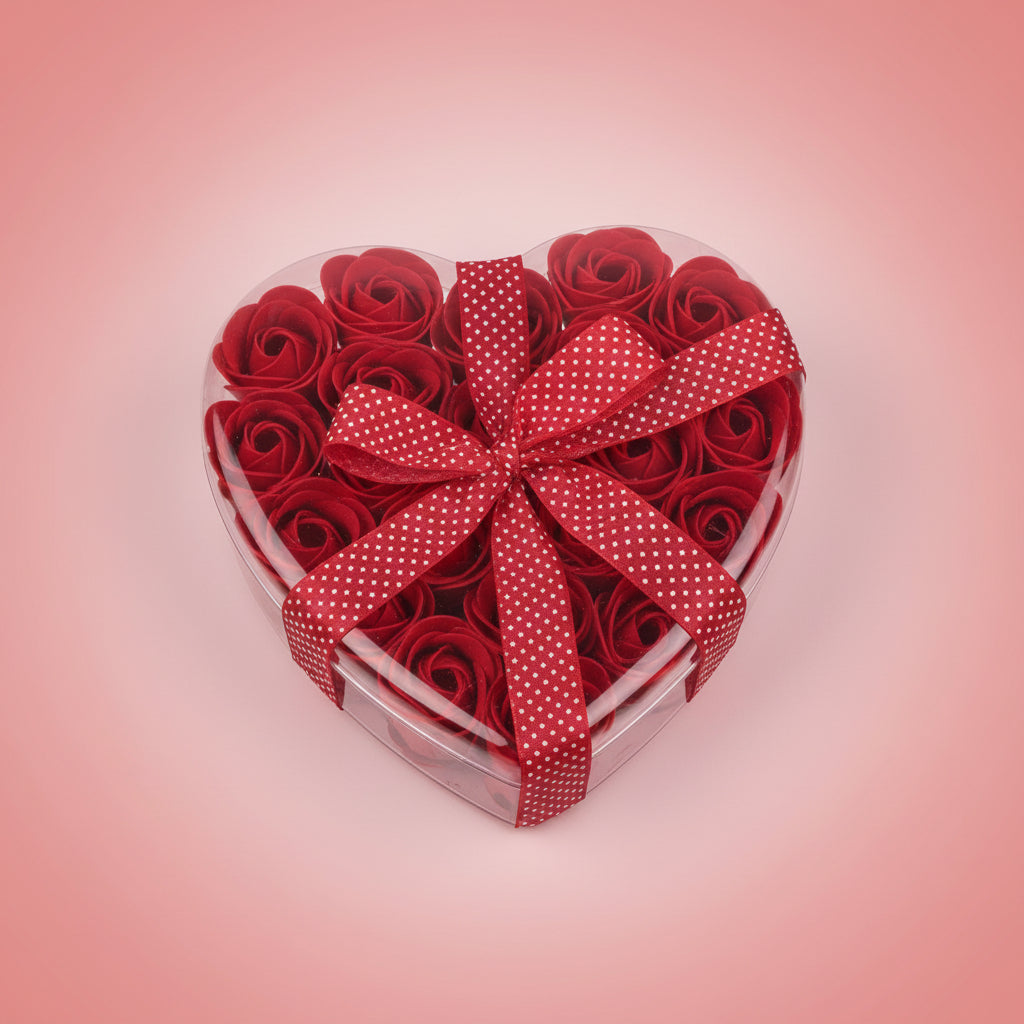 Bouquet of red roses with a polka dot ribbon on a contrasting background