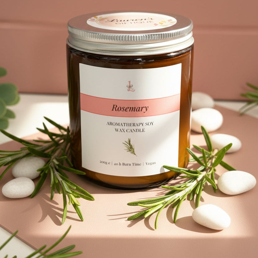rosemary aromatherapy candle with rosemary elements 