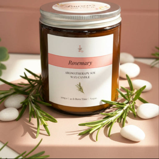 rosemary aromatherapy candle with rosemary elements 