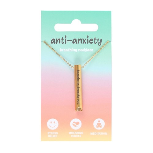 Anti-anxiety breathing necklace on a colorful packaging background