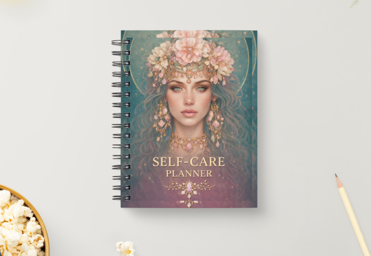 A spiral-bound notebook labeled 'SELF-CARE PLANNER' stands upright on a light gray surface. The cover features an illustrated woman with a floral crown and the words 'SELF-CARE PLANNER' in gold.