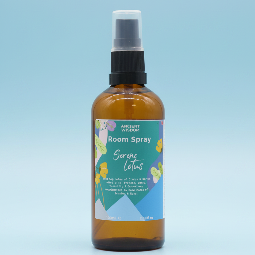 Room spray bottle with a label on a blue background