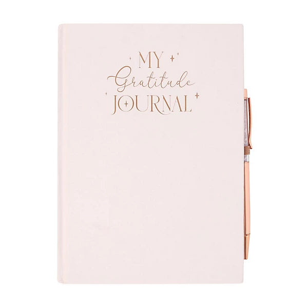 Pink gratitude journal with gold text on a white background