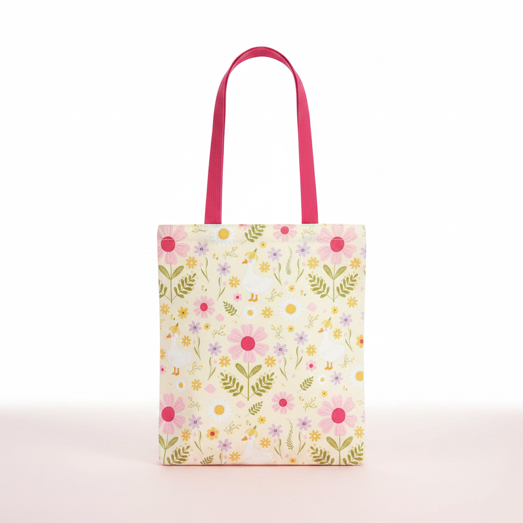 tote bag with florals and duck print on a pink background