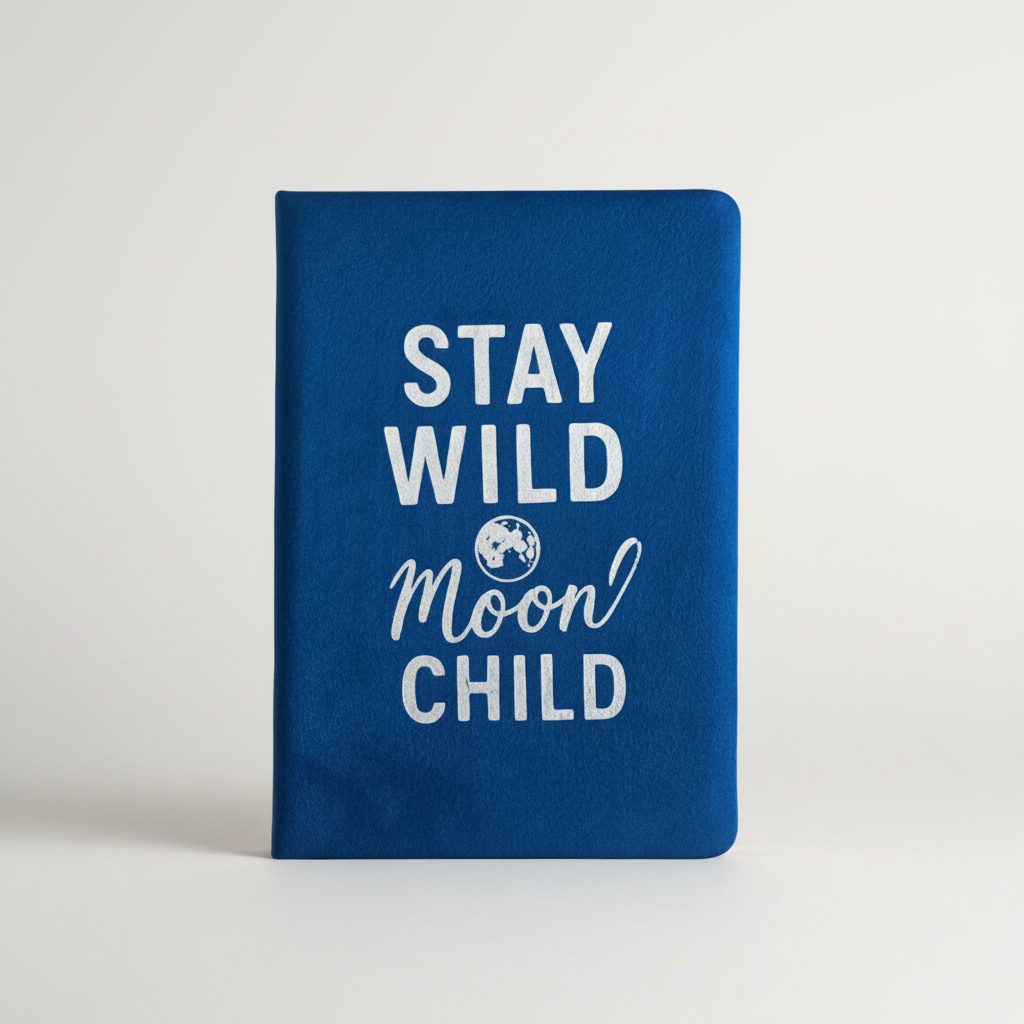 Blue notebook with 'Stay Wild Moon Child' text on a blue background