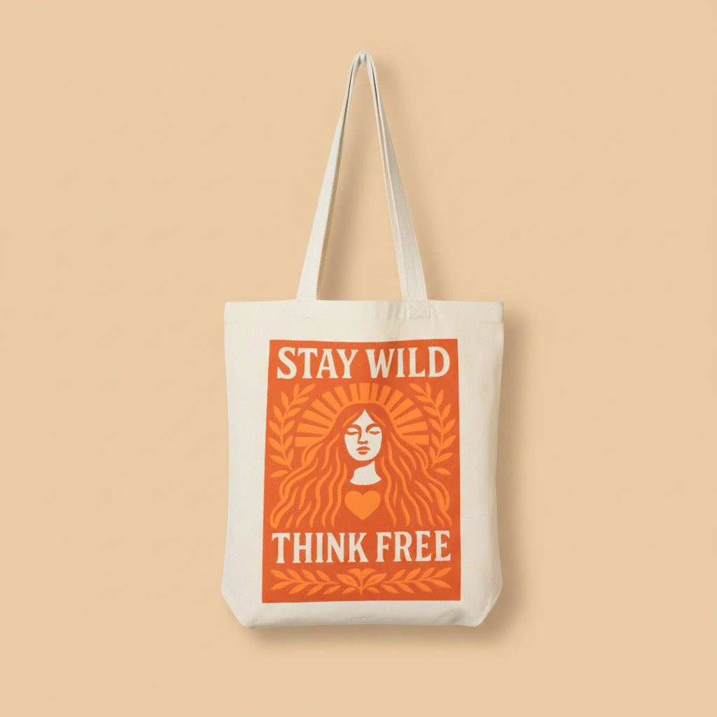 Tote bag with 'Stay Wild Think Free' text and design on a orange background