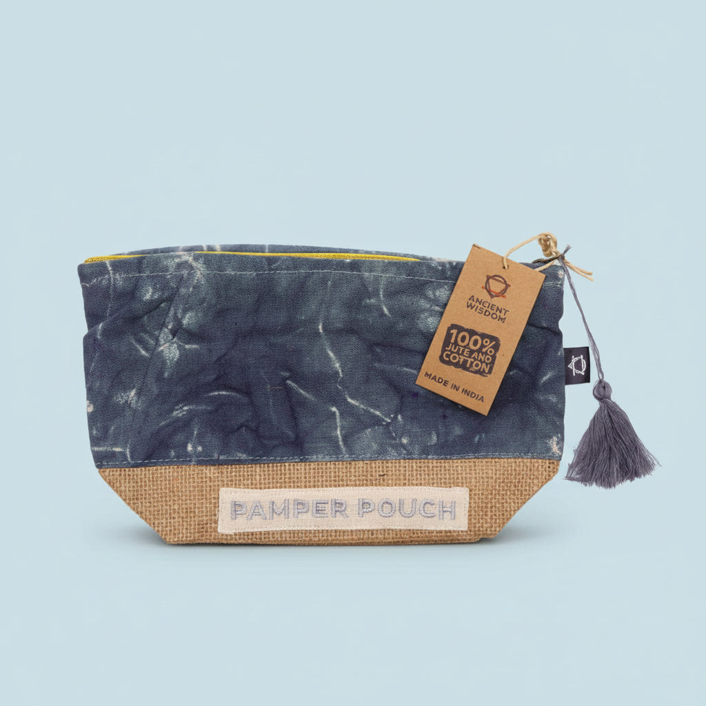 Pamper pouch with marble pattern and jute base, featuring a tag on a light blue background