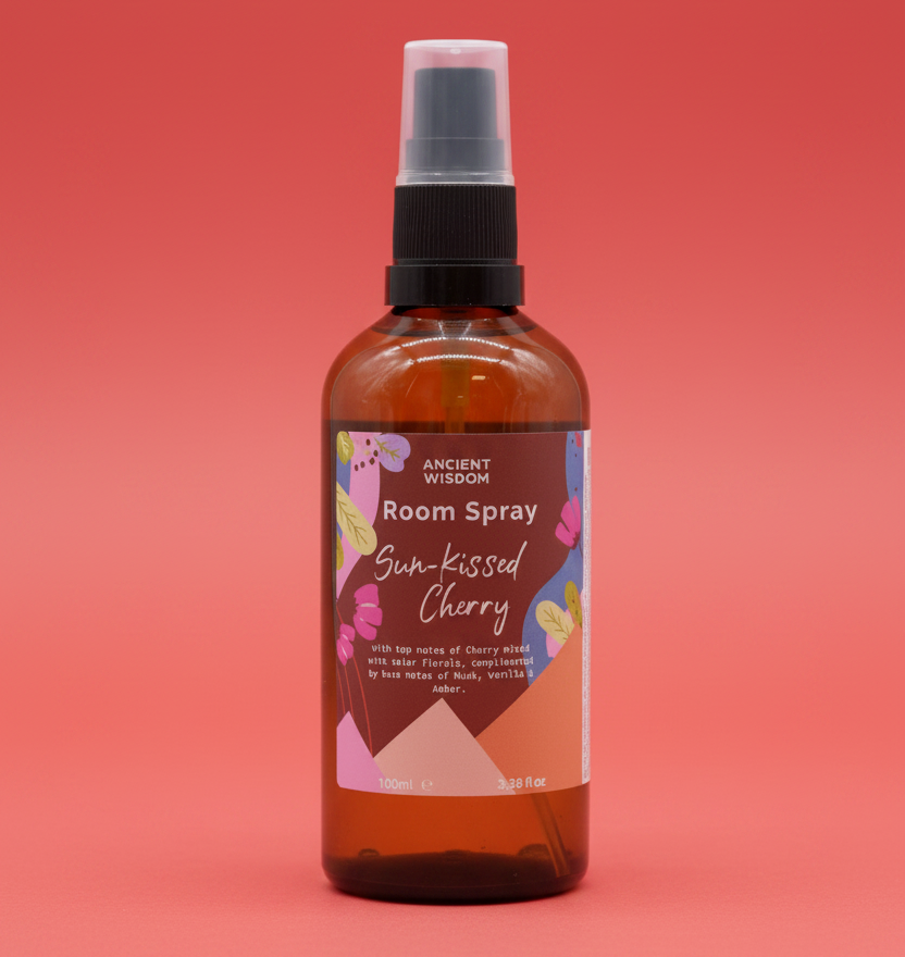 room spray bottle with label on a red background