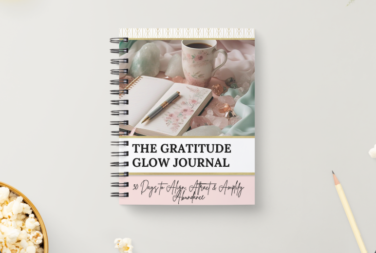 A spiral-bound journal titled 'THE GRATITUDE GLOW JOURNAL' shown upright on a light gray surface. The cover features a soft floral photo of a mug, notebook, and crystals, with pink and white sections and black text.