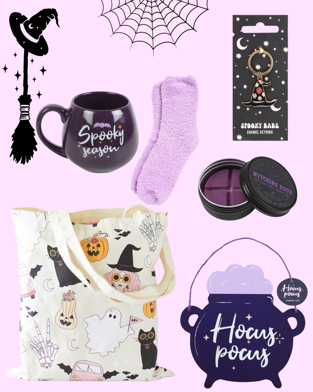 Collection of Halloween-themed products including a mug, socks, keychain, bag, and decorative items on a light purple background.