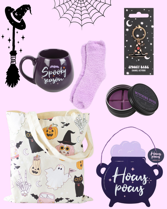Collection of Halloween-themed products including a mug, socks, keychain, bag, and decorative items on a light purple background.