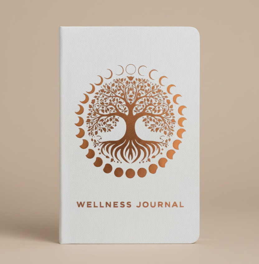 Wellness journal with tree of life design and moon phases on a light bronze background