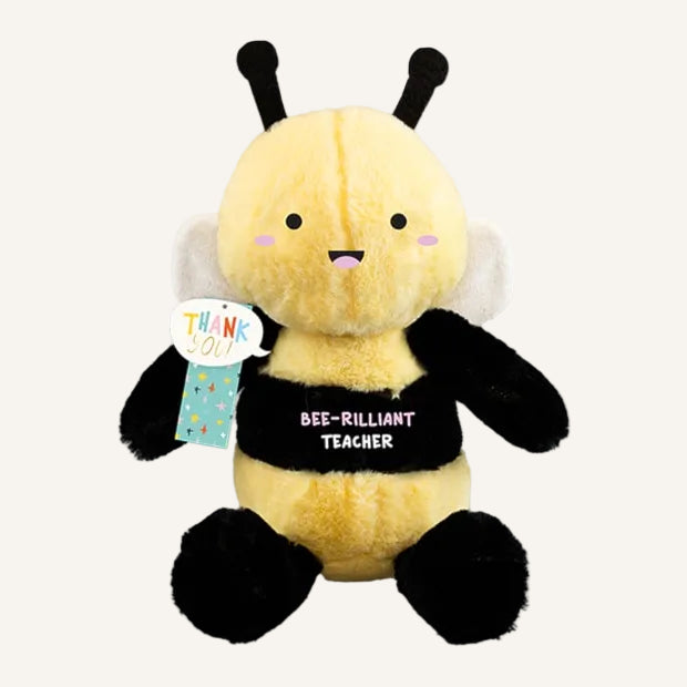 Plush bee toy with a shirt saying 'Thank you, Bee-rilliant Teacher' on a white background
