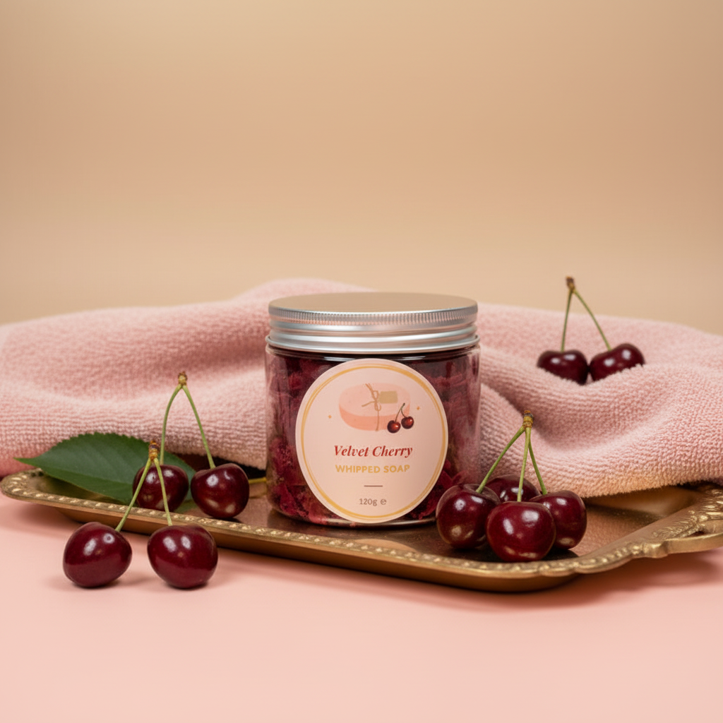Velvet Cherry Whipped Soap lifestyle shot with cherries and blush pink styling
