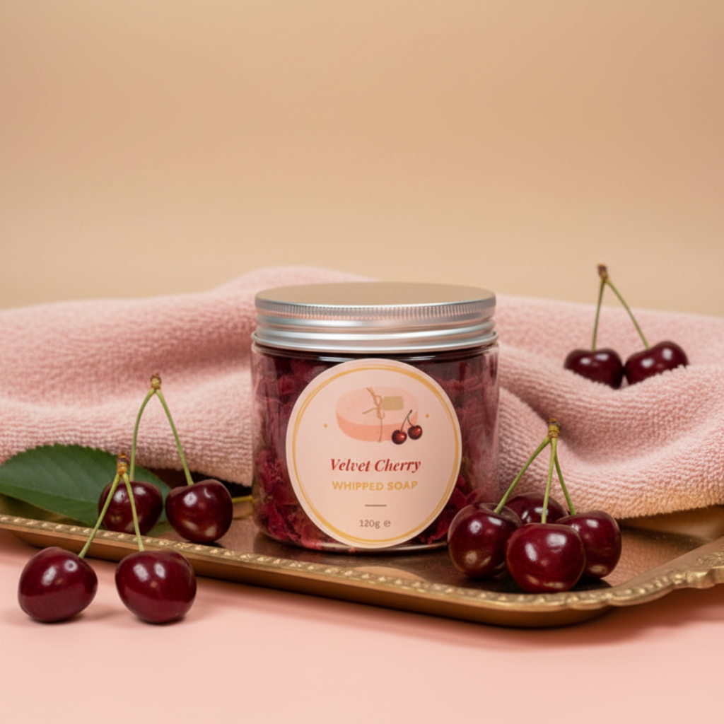 Velvet Cherry Whipped Soap lifestyle shot with cherries and blush pink styling
