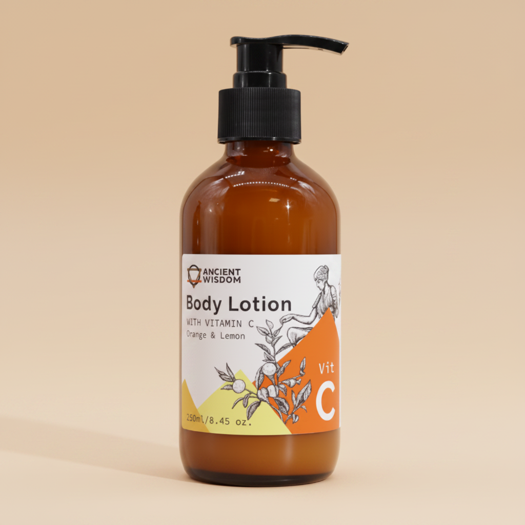 Brown bottle of body lotion with a label on a orange background