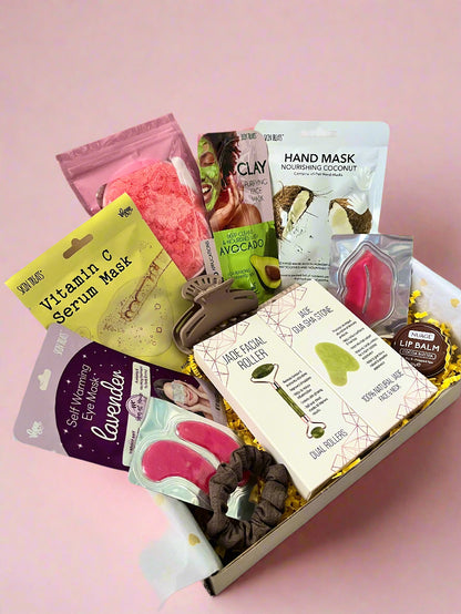 Assorted skincare products including masks and lip balm in a box 